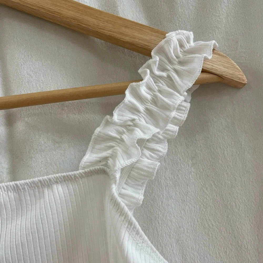 White Ribbed Ruffle Strap One-Piece Bodysuit - Picture 2 of 4